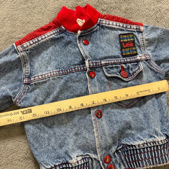 Vintage 80s Lee Kids Denim Bomber Jacket Red Knit Trim Union Made in USA 3T - Picture 6 of 9